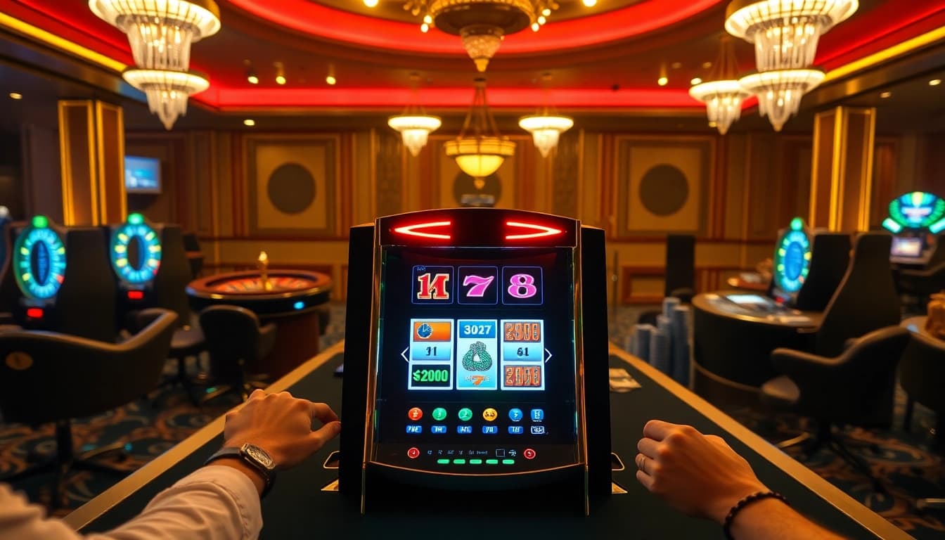 Playing the mk8 slot machine in an upscale casino environment filled with vibrant lights and excitement.