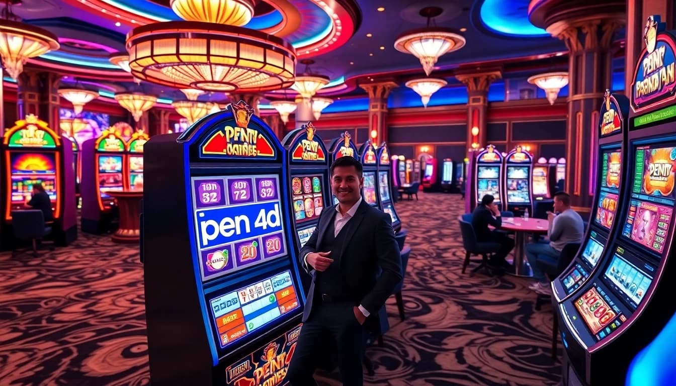 Winning player celebrates at a luxurious slot machine labeled pen 4d.