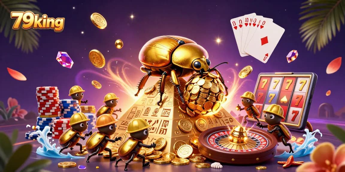 Experience the vibrant action at 79king with golden beetles rolling coins in a dazzling casino scene.