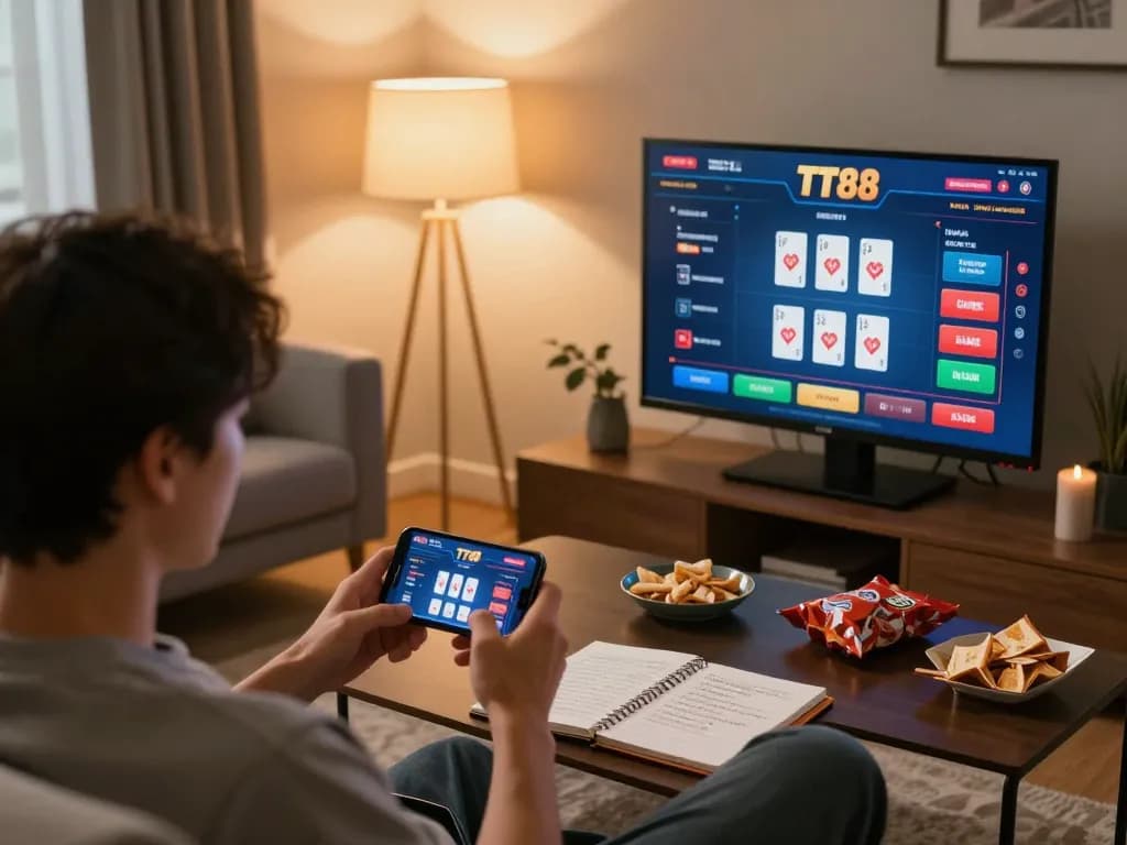 Engaged player using TT88 online casino app on smartphone in a cozy living room setting