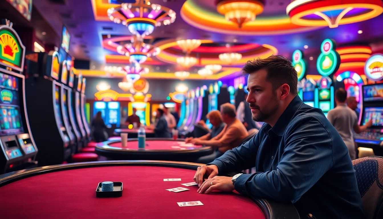Experience 18vip娛樂 at a lively casino gaming floor with vibrant tables and excited players.