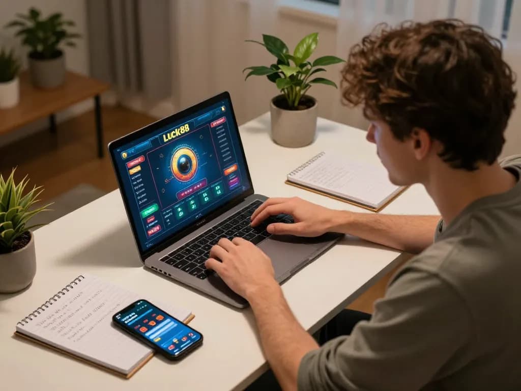 Engaging with luck88 games on a laptop while strategizing in a cozy home setup