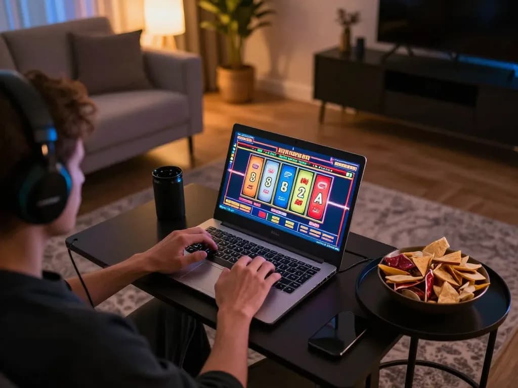 Person playing sultan casino slots on a laptop in a cozy home setup, showcasing a vibrant gaming atmosphere.