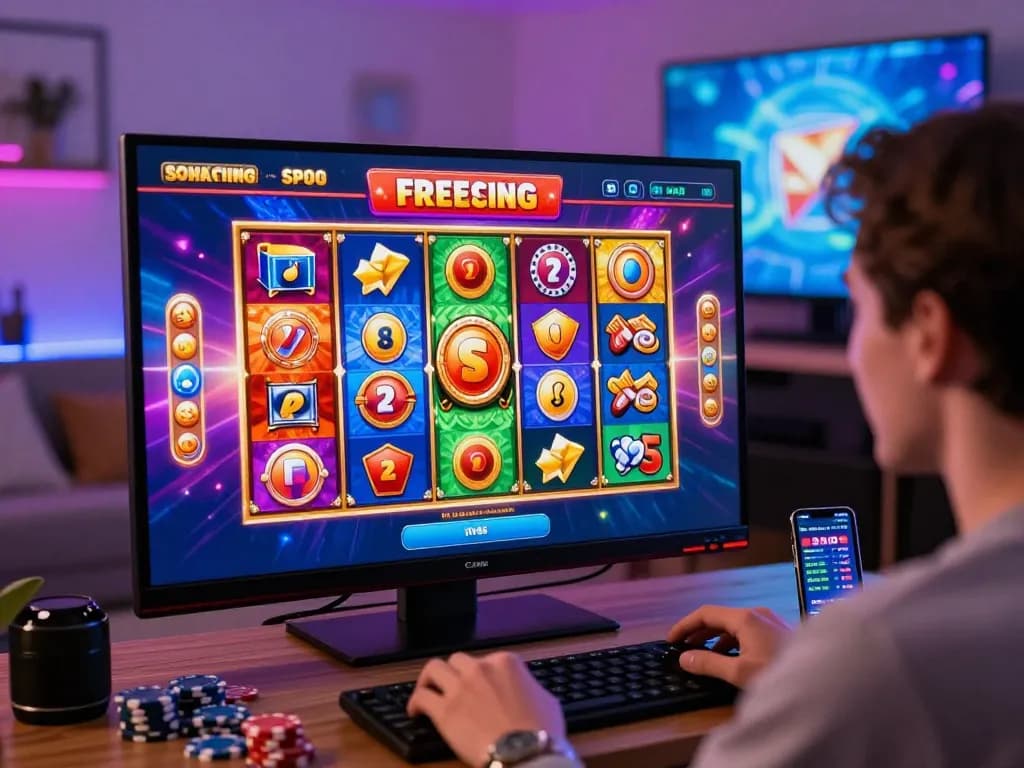 Engaging online casino scene showcasing a free casino bonus and digital slot machine excitement.