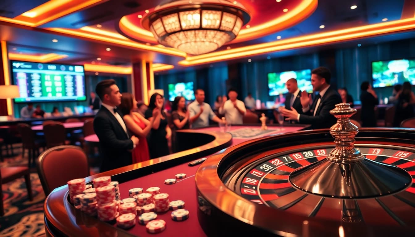 Experience the thrill of gaming at thabet.com with a colorful casino scene and professional dealers.