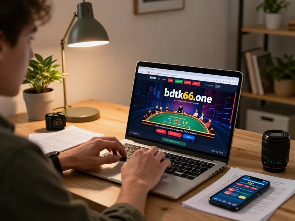 Player enjoying online gaming on bdtk66.one, laptop displaying a live dealer game.