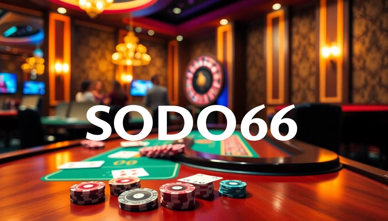 SODO66 gaming table with vibrant poker chips and cards, showcasing an exciting casino atmosphere.