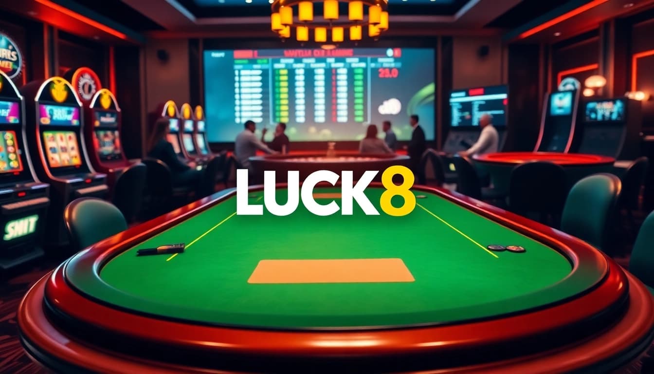 LUCK8 showcasing vibrant casino atmosphere featuring poker tables, slot machines, and live betting odds.