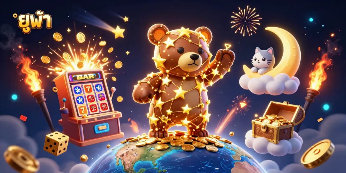 Experience the excitement of gaming with ยูฟ้า, featuring golden stars, coins, and vibrant casino elements.