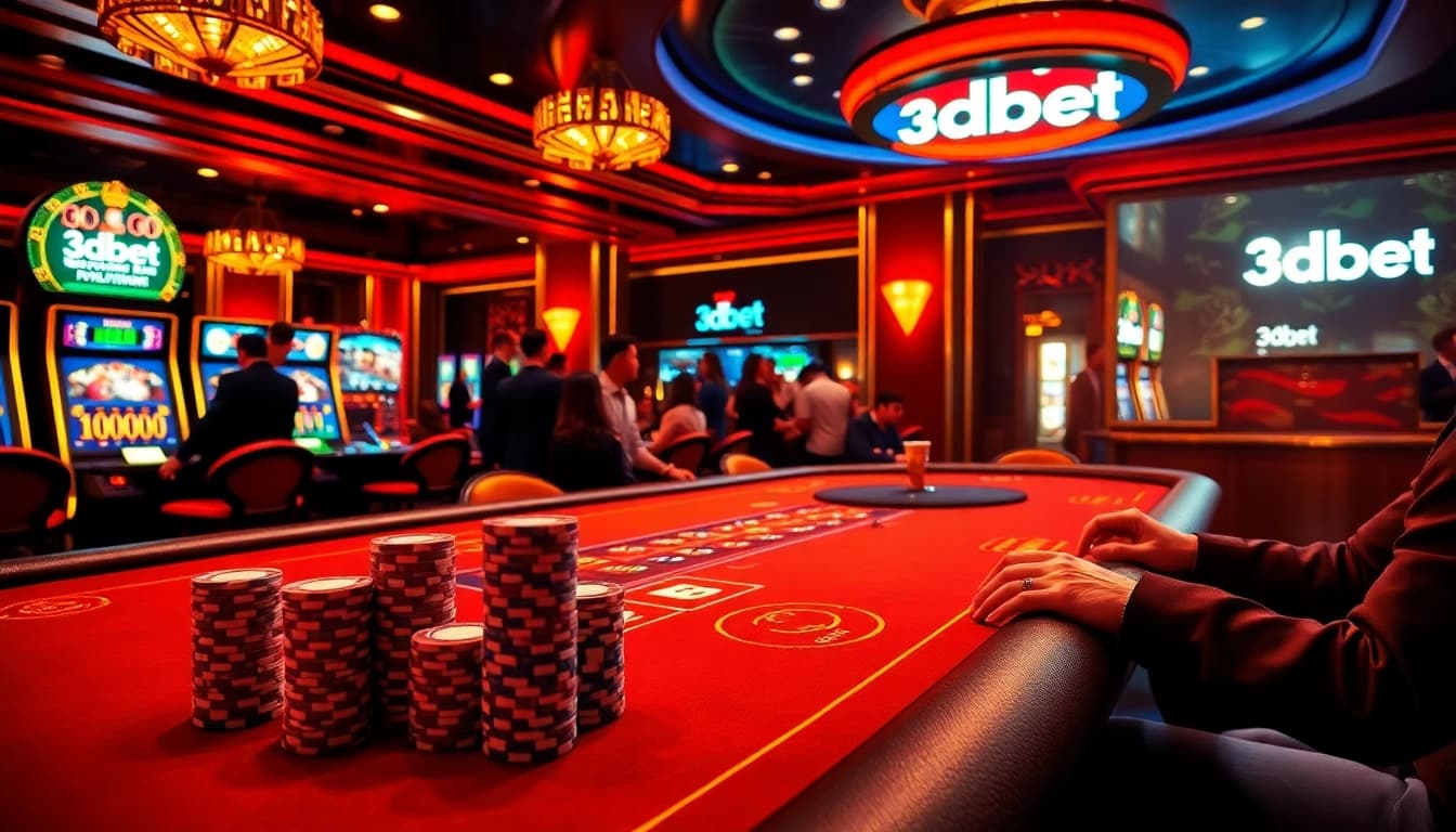 A dynamic casino scene showcasing the excitement of gambling at 3Dbet with poker games and vibrant slot machines.