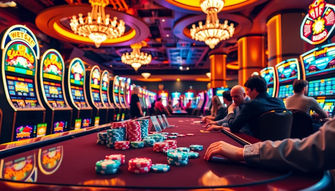 Lego138 slot gamers enjoy big wins at a luxurious casino table with vibrant slot machines.