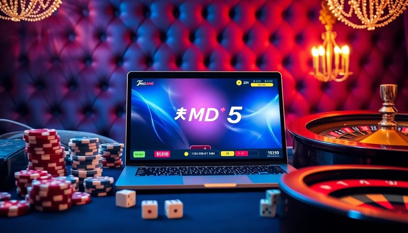 Engaged player betting on Tài xỉu md5 game with vibrant casino interface and dice.
