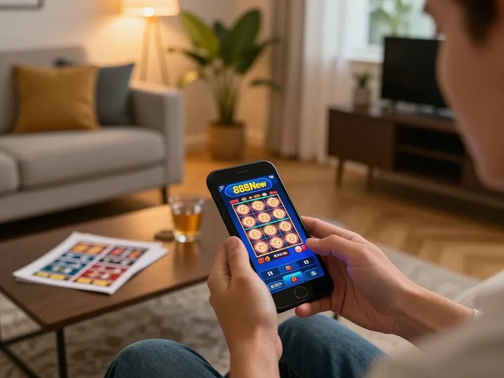 Player enjoying a vibrant slot game on 888New mobile app in cozy living room setting.