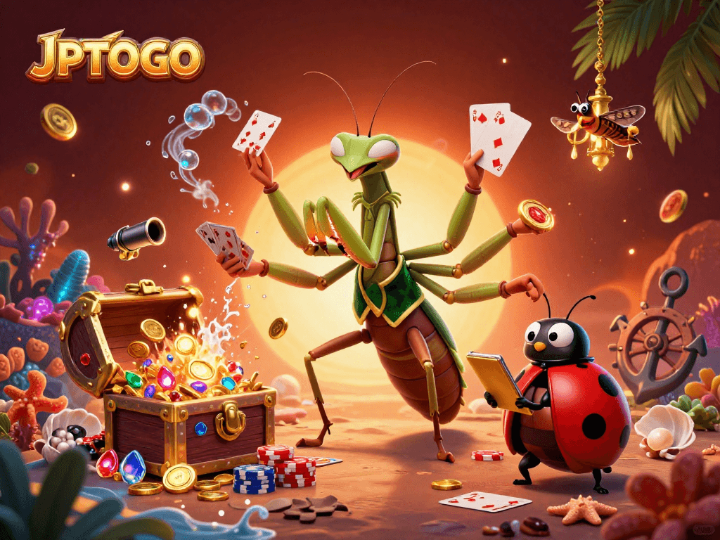 Engage in thrilling card games with JPTOTO's vibrant illustration featuring unique casino characters.