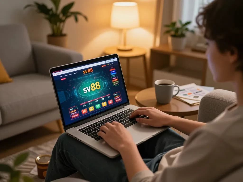 Engaging online gaming experience at sv88 with player on laptop in cozy setting