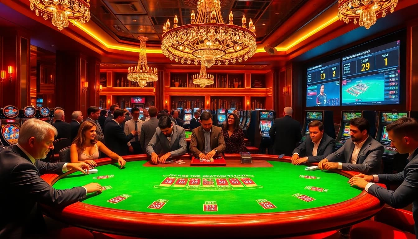 Experienced gamblers strategically placing bets at a Nhà cái uy tín live blackjack table with vibrant chips and real-time odds