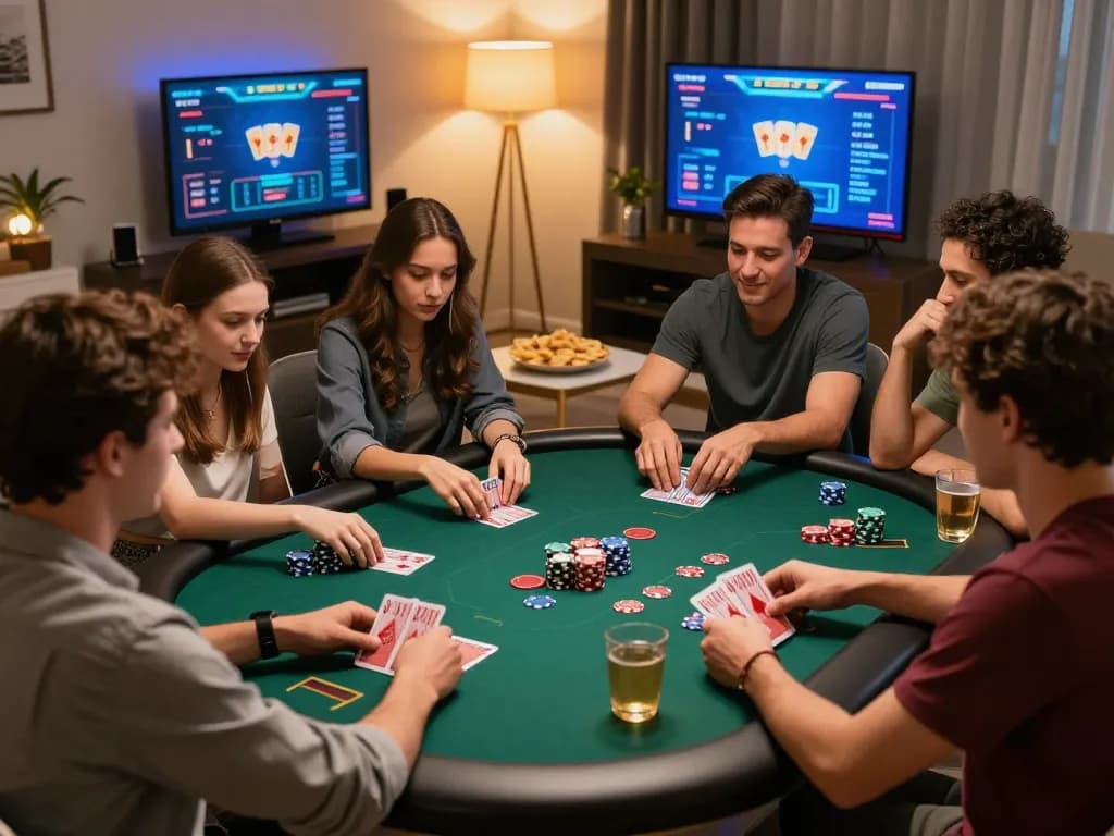 Playing poker online at home with friends in Canada online casinos, focusing on strategic gameplay.