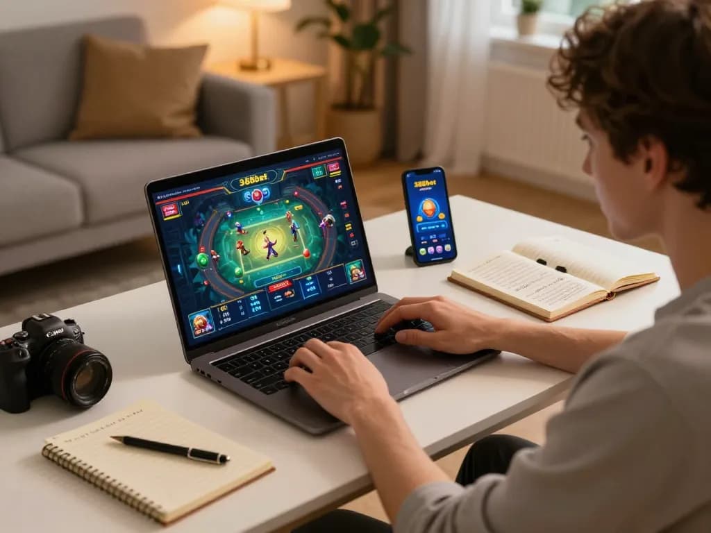 Gamer engages in 388bet online casino gameplay at home with laptop and smartphone, showcasing strategic gambling.