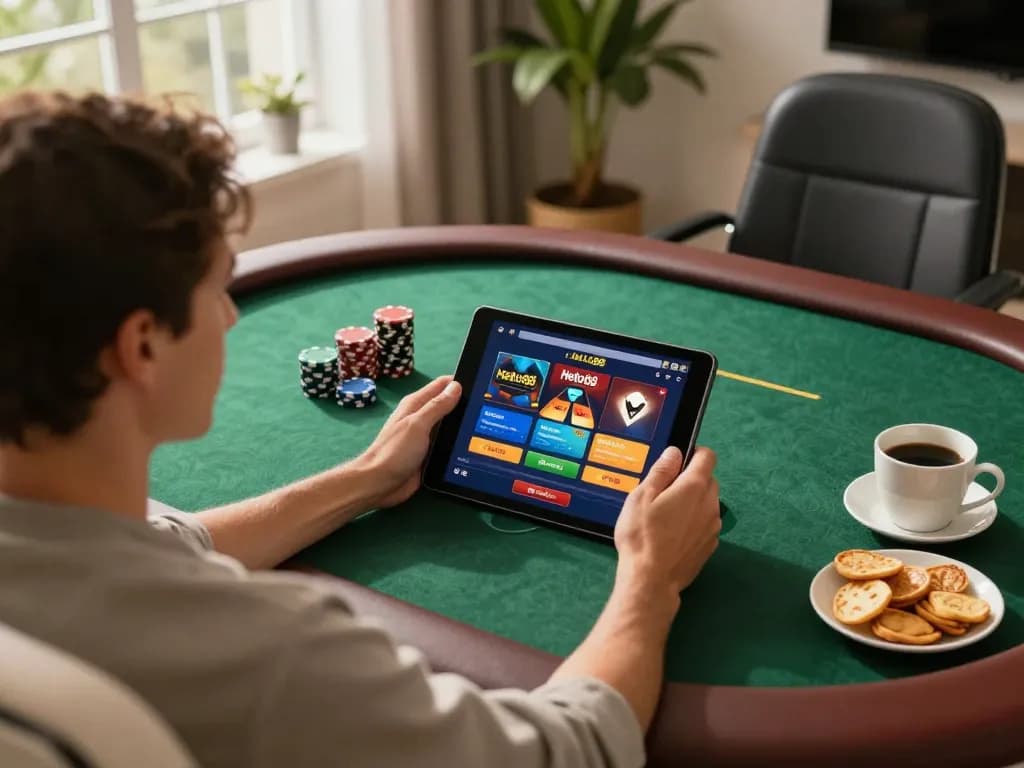 Hello88 user enjoying online gaming on a tablet with casual snacks and cozy atmosphere