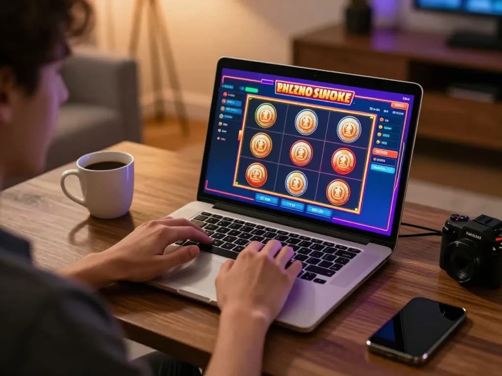 Engaging online gameplay at home with okking slot machine interface visible on screen.