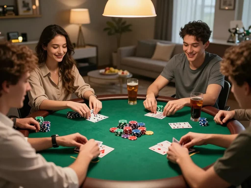 Friends enjoying a poker game at home, showcasing lively social interaction and strategic gameplay with 8live atmosphere.