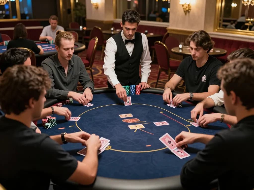 Pemain merencanakan strategi selama permainan poker yang intens di kasino, menunjukkan kegembiraan untuk turnamen mpi2121.