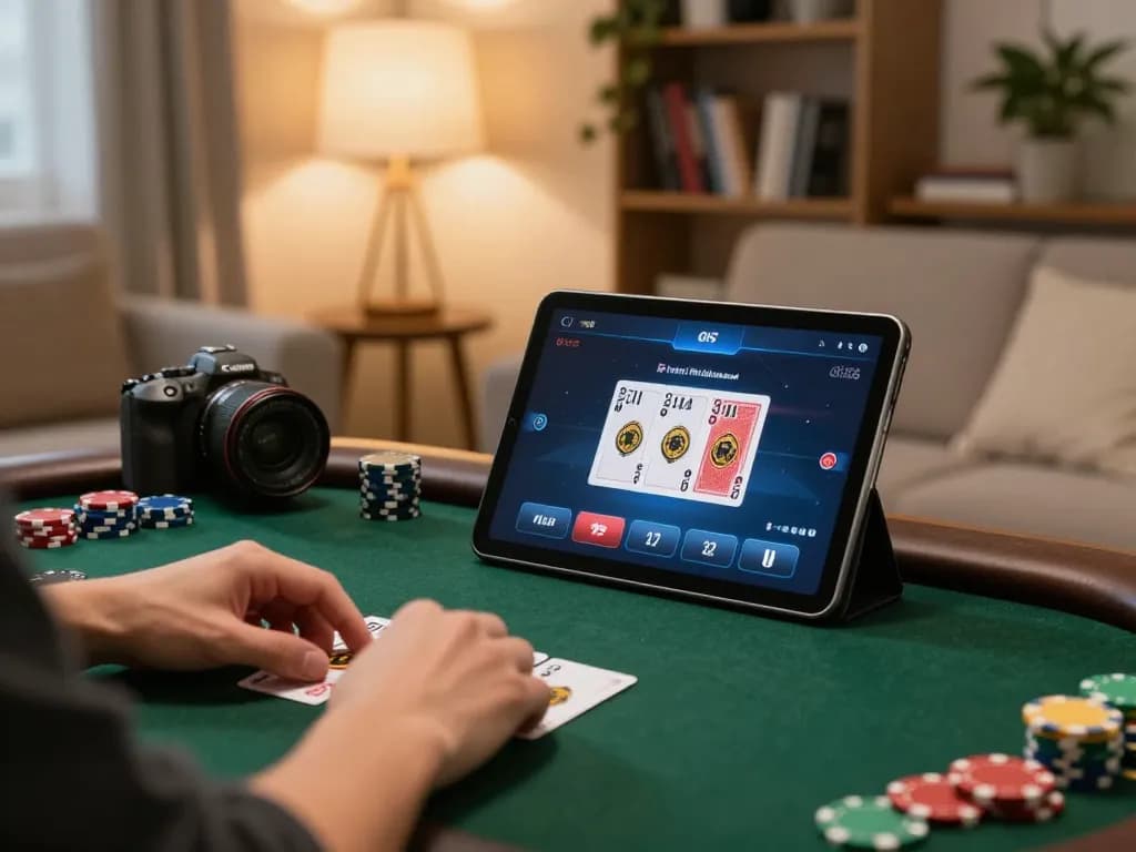 Engaging online poker session with FC88, showcasing player hands and cozy home setup.