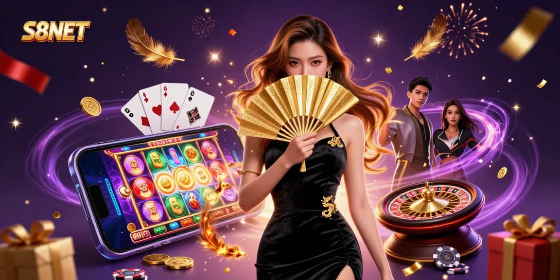 Engage with S8NET's vibrant casino atmosphere featuring a stunning woman in elegant attire, dynamic game elements.