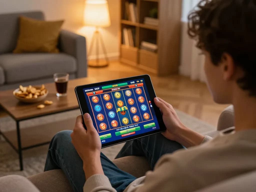 Person enjoying slot online gaming on a tablet in a cozy living room, showcasing a relaxed atmosphere.