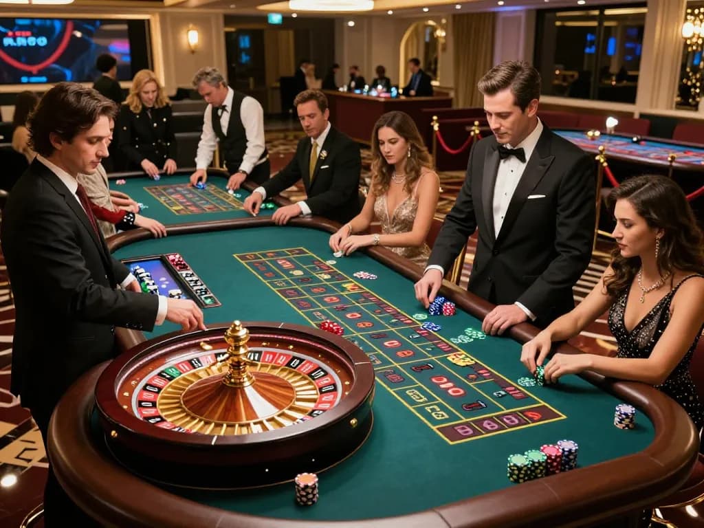 Experience the thrill of rr88 at a luxurious roulette table with engaged players and a vibrant casino atmosphere