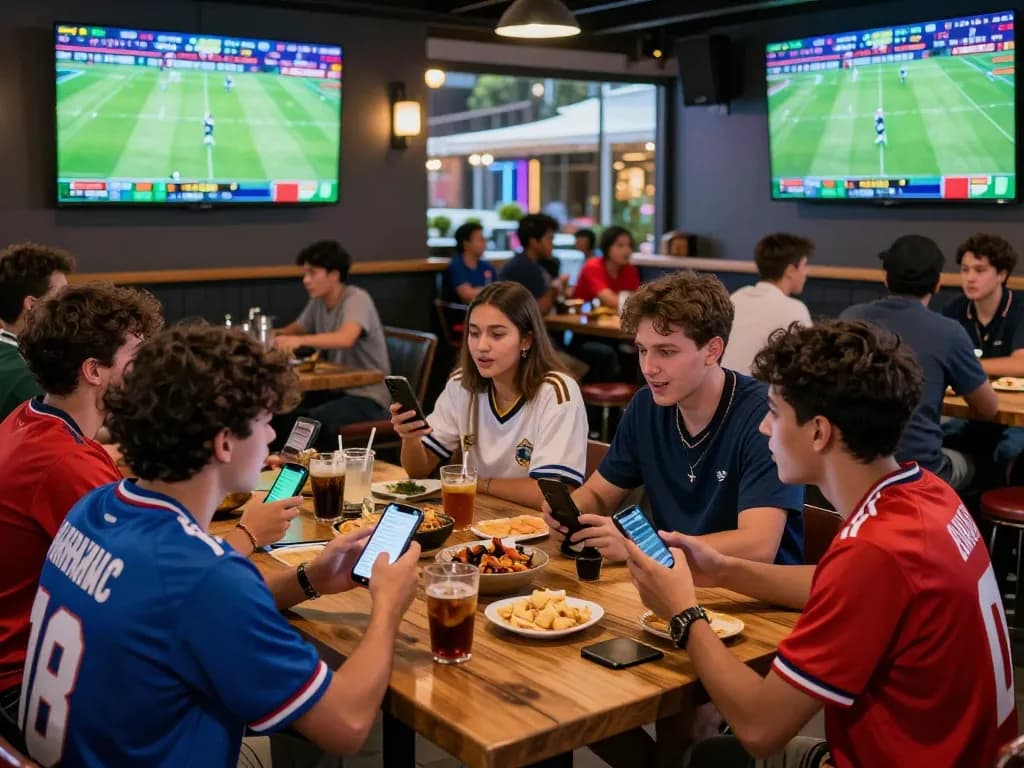 Cá độ bóng đá scene in a lively sports bar with fans excitedly discussing bets.