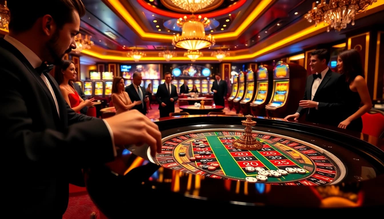 Players enjoying a thrilling game at pg88 casino with vibrant roulette table and colorful chips.