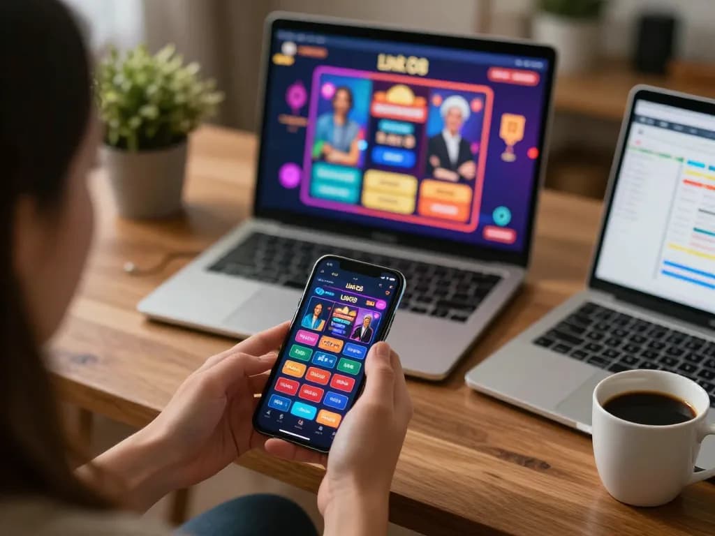 Engage in online gaming using Link O8 app with vibrant interface in cozy home setting