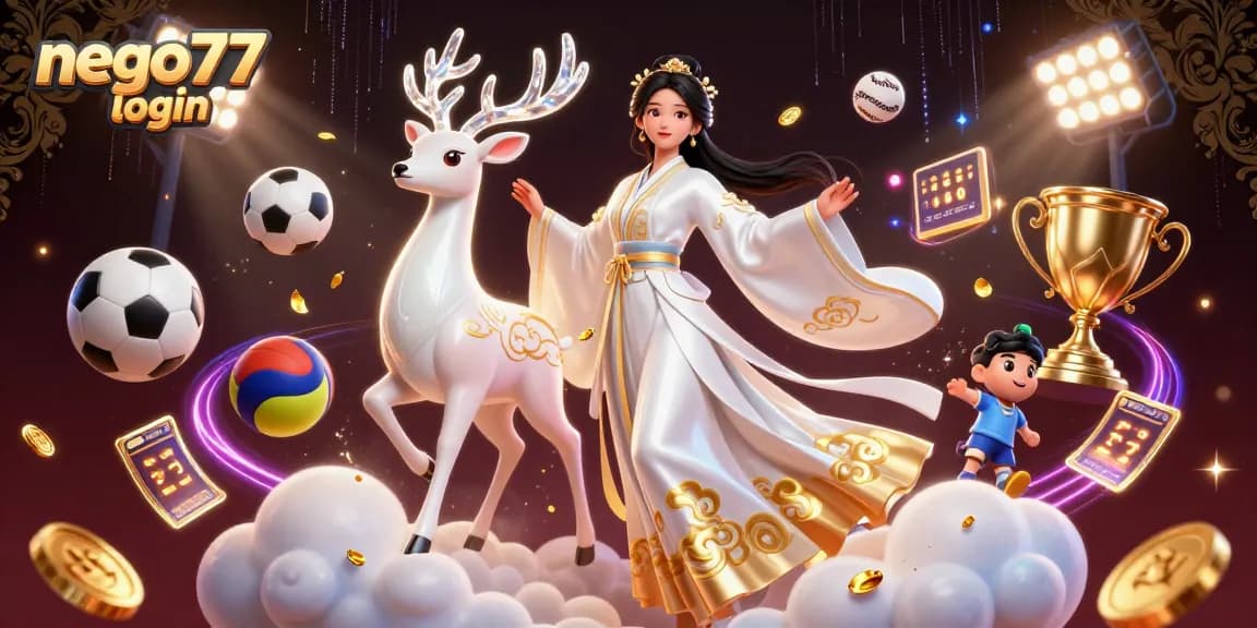 Experience seamless gaming with nego77 login, featuring vibrant 3D illustration of Asian woman and casino elements.