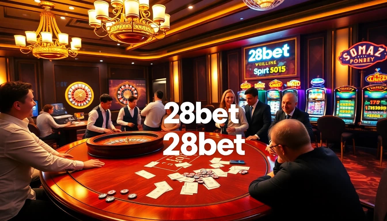 Experience thrilling gameplay at 28bet with vibrant casino tables and sparkling poker chips.