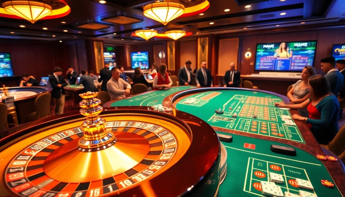 Engage with the thrilling world of cucu 777 at a luxurious casino, featuring roulette and vibrant betting tables.
