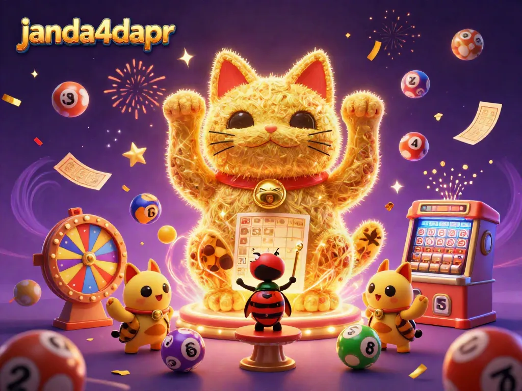 Meriahkan permainan di janda4dapr dengan kucing keberuntungan yang dikelilingi bola lotere berwarna-warni dan efek dekoratif.