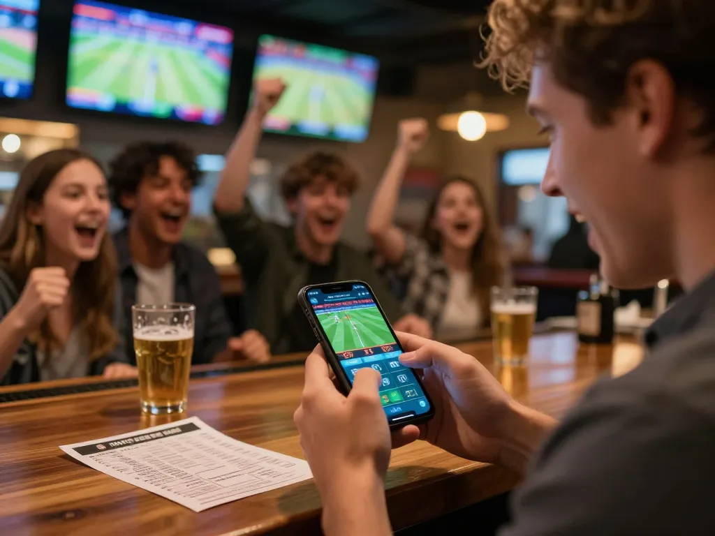 Cakhiatv user placing live sports bets on smartphone at a vibrant sports bar, capturing the excitement of real-time betting.