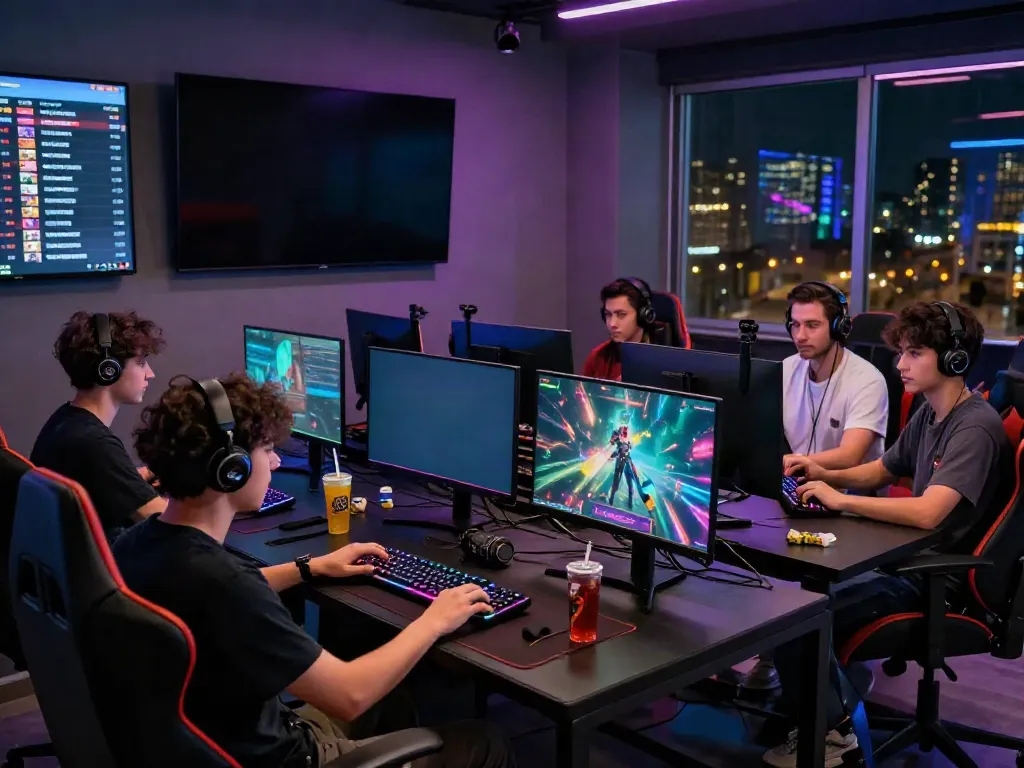 Akunjp gaming scene with friends in a modern lounge, high-tech setups, and vibrant LED lights.