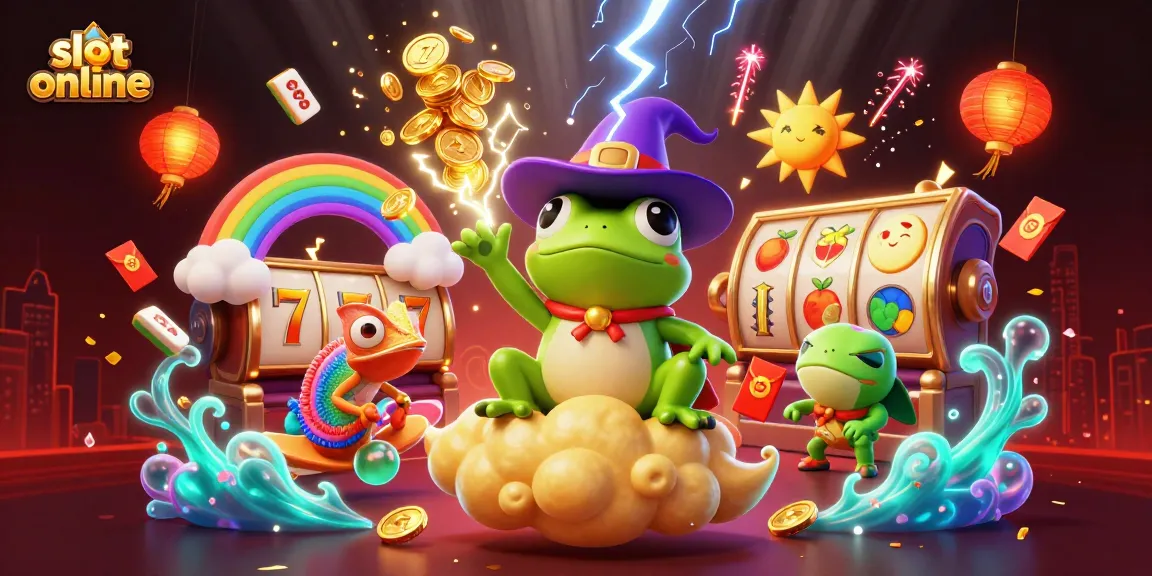 Engage with slot online games in a vibrant scene featuring a weather wizard frog amidst a coin storm.