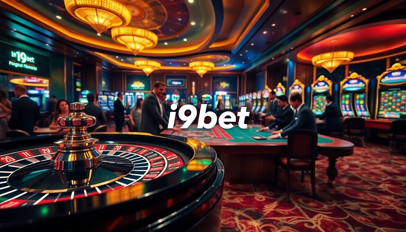 Gambling excitement at i9bet's vibrant casino tables, featuring roulette and poker players.