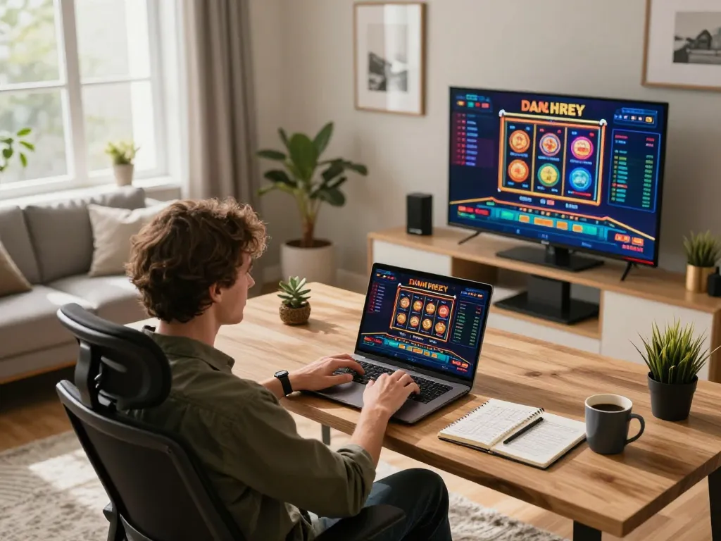 Player engaging with paris888 online casino interface amidst a sleek home gaming setup