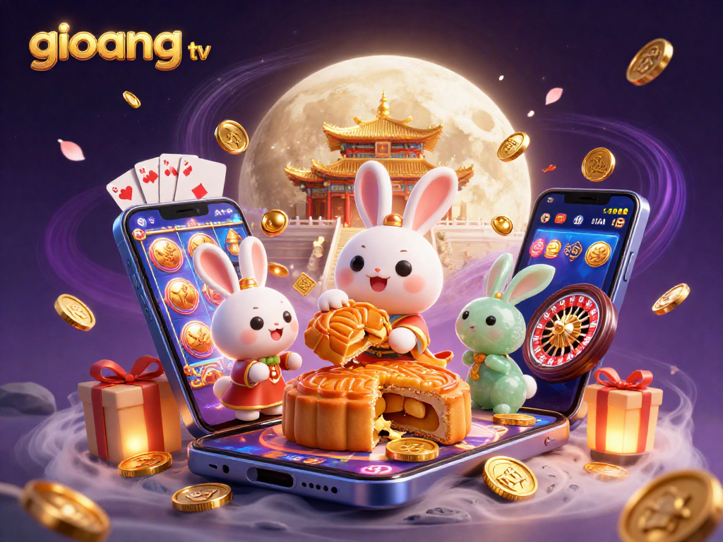 Engage with giovang tv's vibrant slot game illustration featuring a cartoon moon rabbit and dynamic casino elements.
