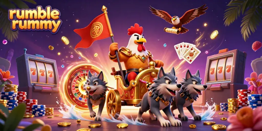 Experience rumble rummy in an exciting 3D scene featuring dynamic characters and casino elements.