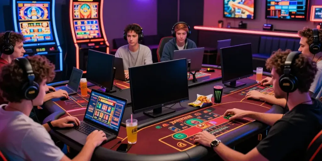 Diverse players enjoying the A80 online gaming platform in a vibrant gaming lounge.