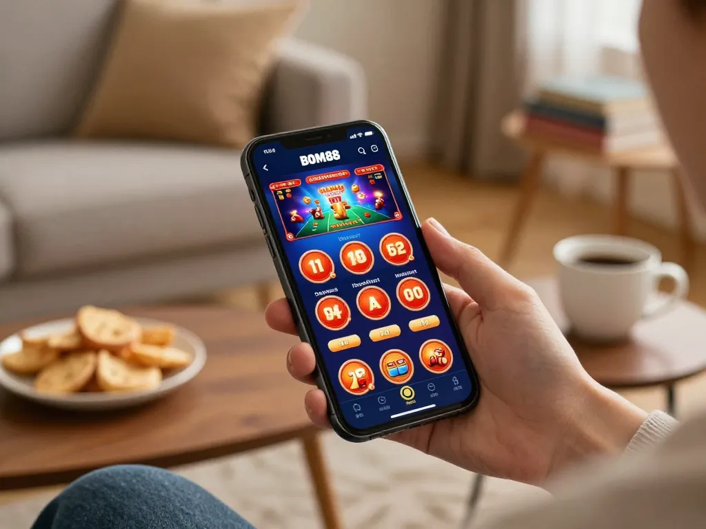 Rasakan keseruan bermain BOM88 di mobile, menampilkan antarmuka aplikasi yang menarik dalam suasana yang nyaman.