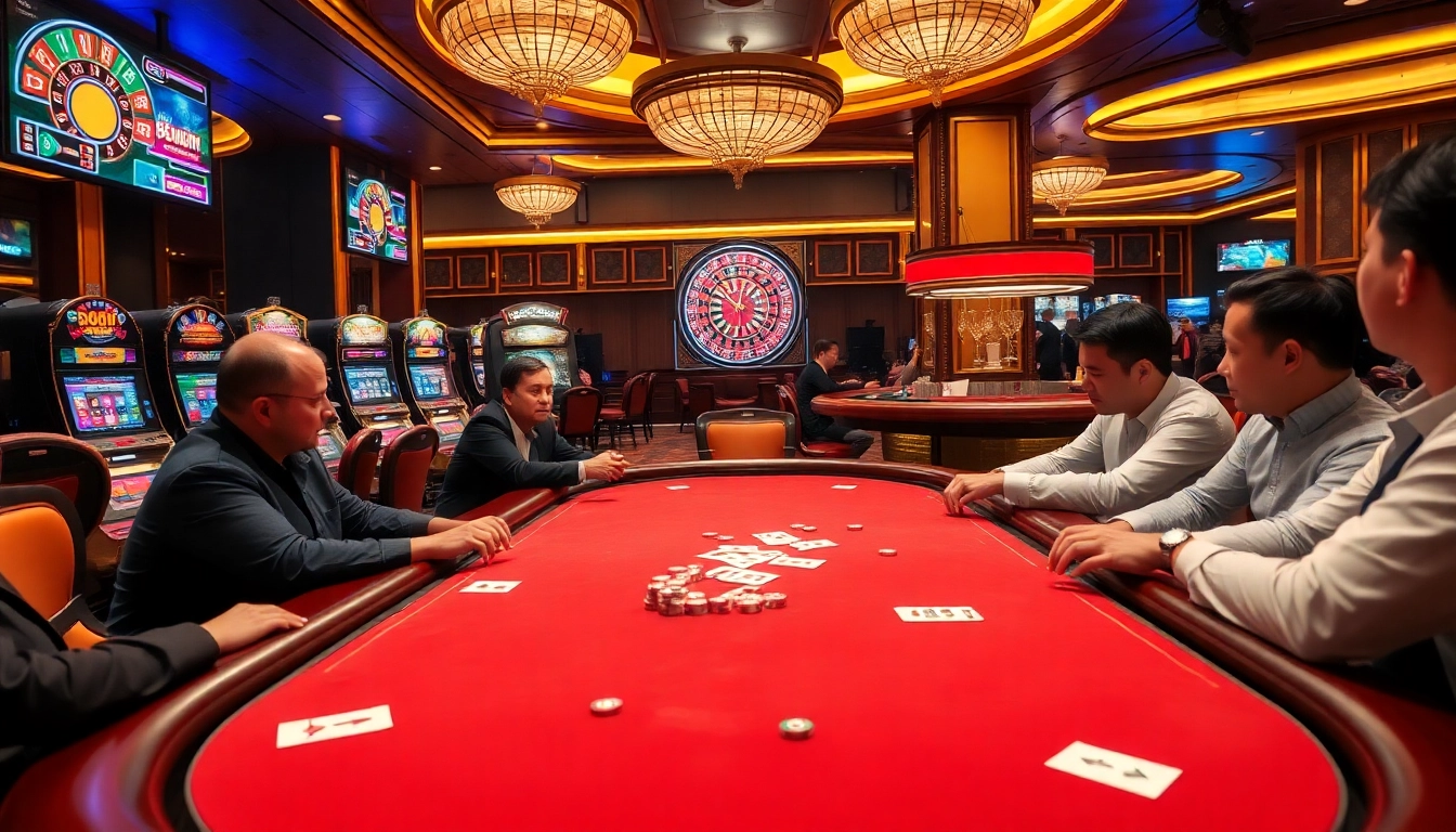 Players immerse in a high-stakes poker game at 58win's luxurious casino, surrounded by vibrant slot machines.