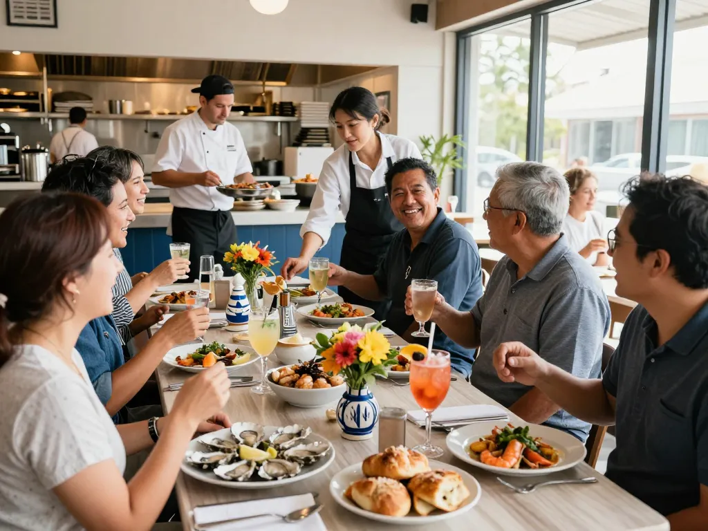 Seafood dining scene at https://www.theshackok.com/ showcasing patrons enjoying fresh dishes and vibrant atmosphere.