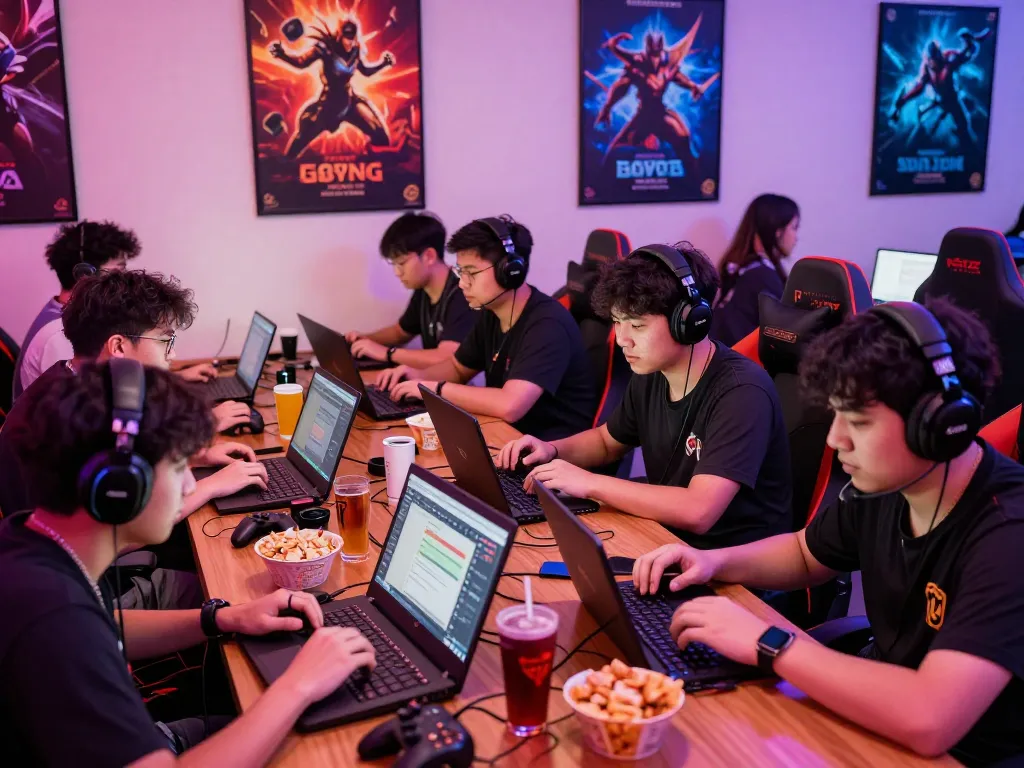 Engaged gamers exploring esports betting options at https://gglbetsg.org/gglbet-sg/singapore-esports-betting-guide/ in a vibrant gaming lounge.