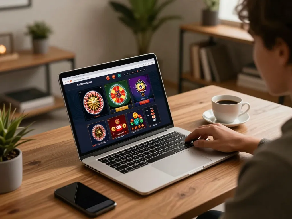 Engaging online gaming experience at https://mm88.today/ in a cozy home office with player actively choosing casino games